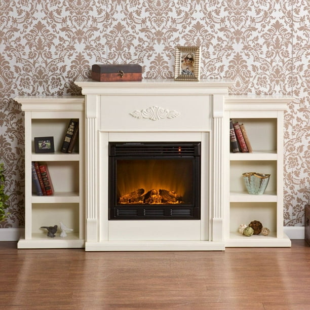 Southern Enterprises Tennyson Ivory Electric Fireplace with Bookcases