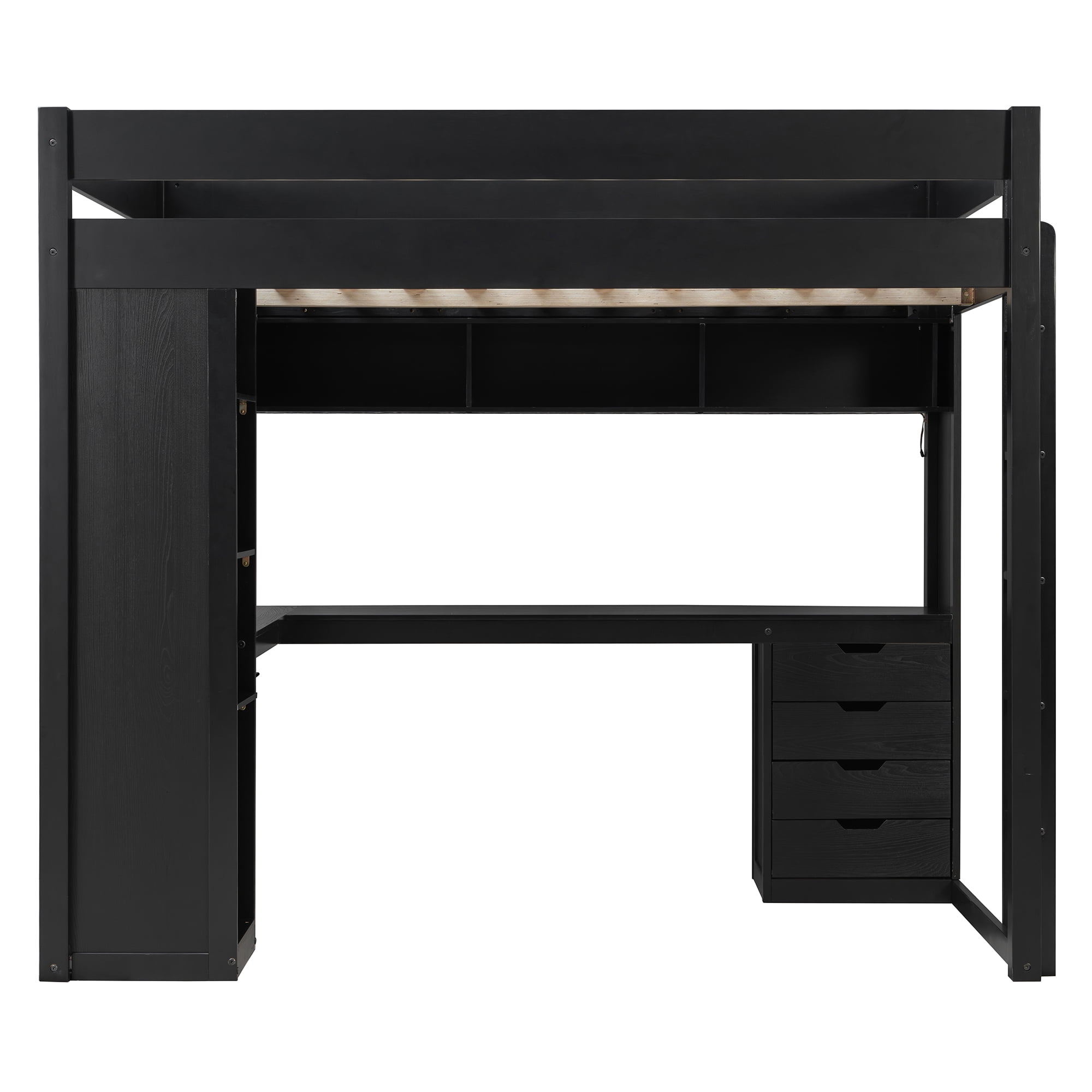 Mintazer Full Loft Bed with L-Shaped Desk & Smart LED Lights and Charge Station, Modern Loft Bed with 4 Storage Drawers & Shelves, Black