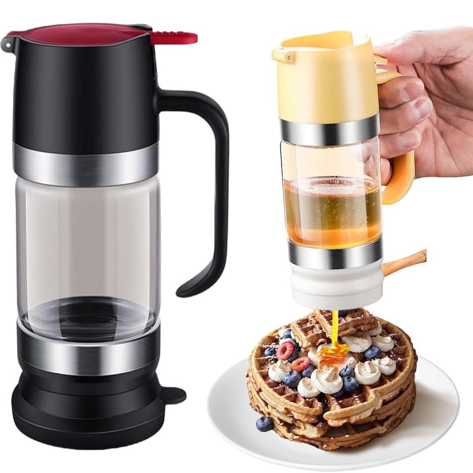 350ml Honey Dispenser High Borosilicate Glass Bottle with Press Top, Glass Syrup Bottle with Drip Free Spout, Kitchen Condiment Dispenser for Oil Maple Syrup, Sauce Bottle with Lid