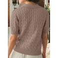 thumbnail image 2 of Women'S Cable Short Sleeve Sweaters Tops Solid Lapel V Neck Knit Casual Soft Pullover Shirt Camel M, 2 of 4