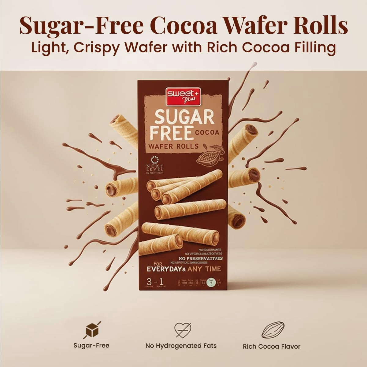 2 Pack - Sweet+Plus Sugar-Free Cocoa Wafer Rolls - Delicious Crispy Wafer Sticks Filled with Chocolate for Healthy Snacking & Daily Tea Time Routine 10oz