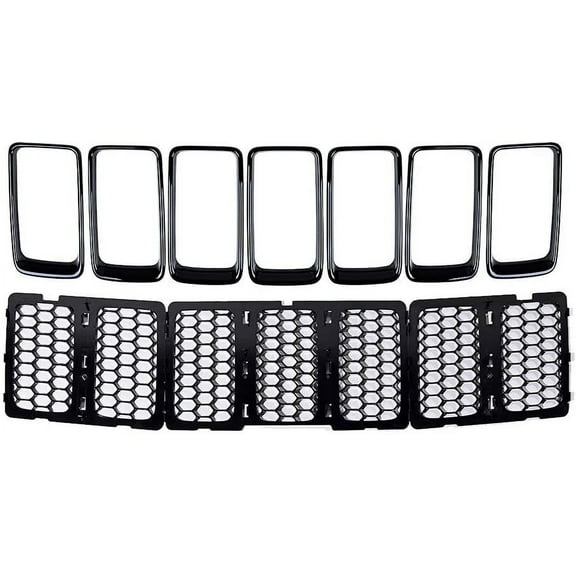 Astra Depot Set 7X Glossy Black Trim Cover   3X Matte Black Honeycomb Mesh Grille Inserts Fit 2014-2016 Jeep Grand Cherokee