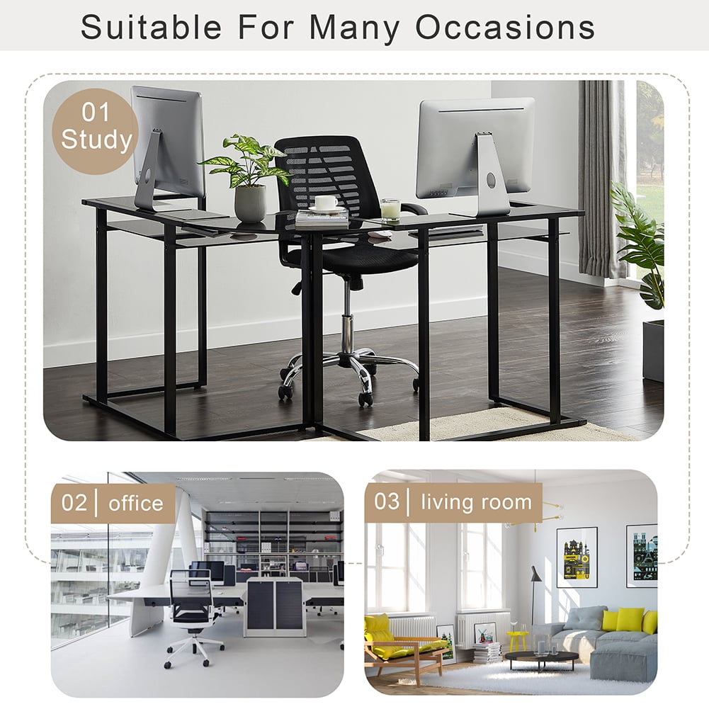 Lowestbest 56" Home Office Computer Desk, L-Shaped Glass Desk with Shelf, Round Corner Glass Workstation Desk, Black Lowestbest 56" Home Office Computer Desk, L-Shaped Glass Desk with Shelf, Round Corner Glass Workstation Desk, Black