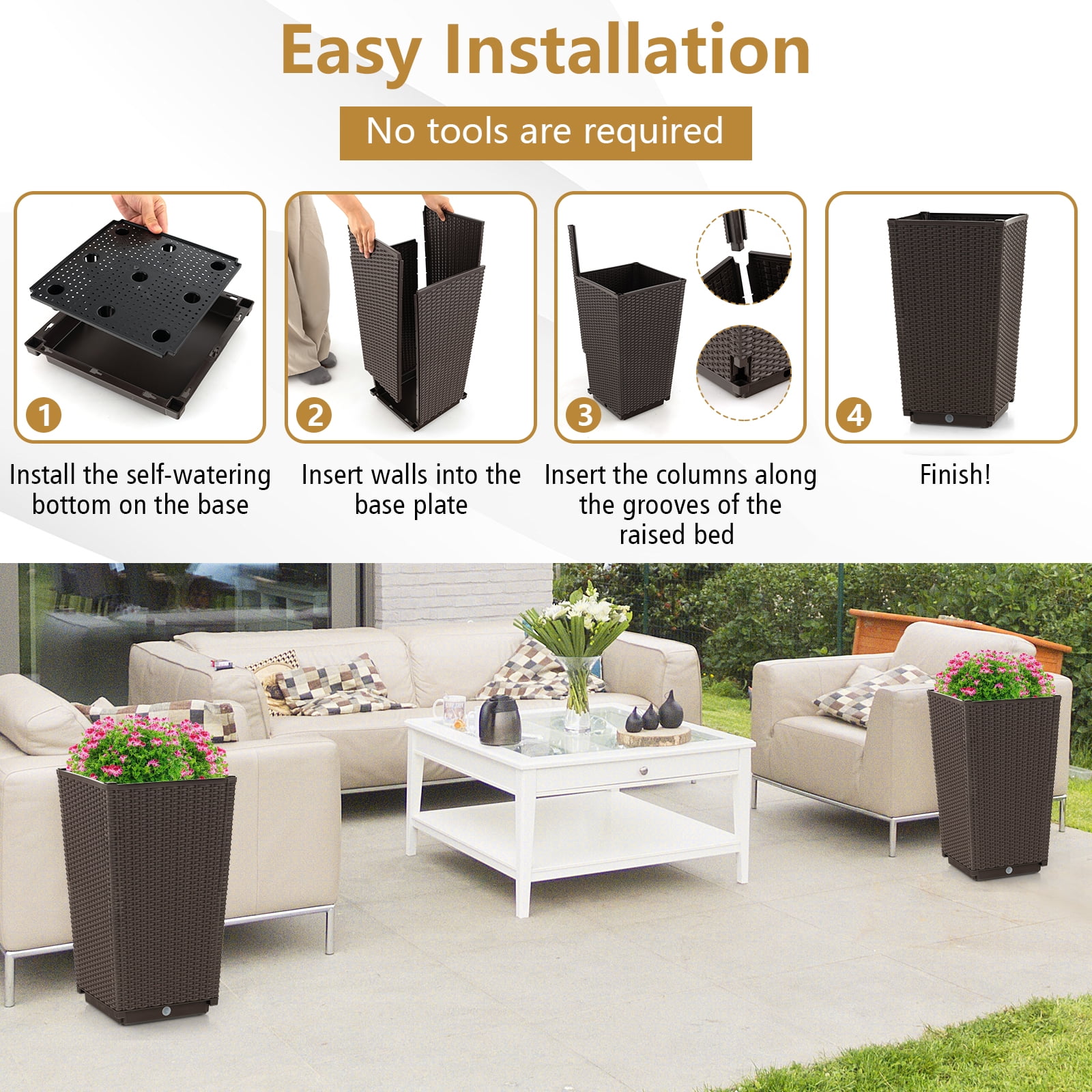 Costway 2PCS Outdoor Wicker Flower Pot 22.5''Tall Planters with Drainage Hole Coffee