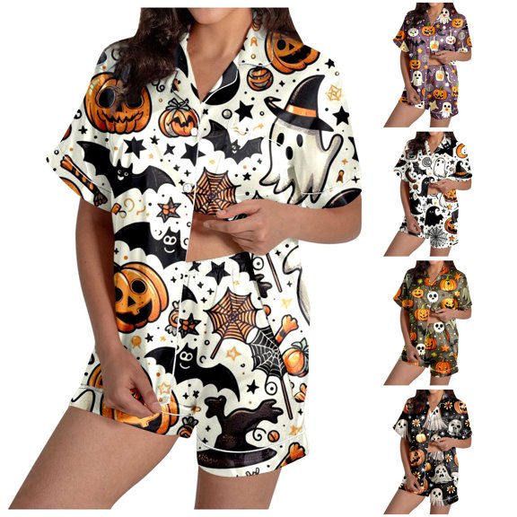 Weebloom Halloween Soft Pajamas For Women Pumpkin Leisure Silk Satin Short Sleeve Button Down Tops And Shorts Set Sleepwear Nightwear Pjs Loungewear Light Yellow M