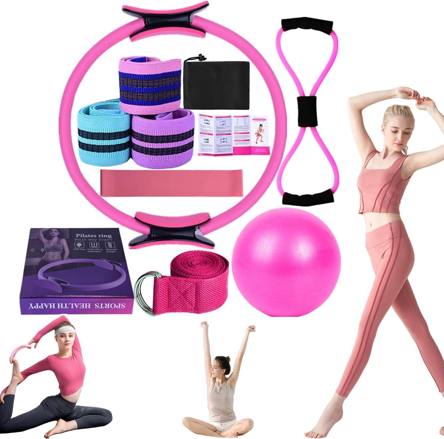 Set Pilates Essenziale Per Donne - Palla 25cm, Anello, Cintura Yoga, 2 Fasce Elastiche, Kit Ginnastica Per Casa, Accessori Per Allenamento