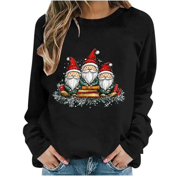 Oalirro Christmas Sweatshirts for Women Long Sleeve Graphic Dressy Womens Top Merry Christmas Print Black Round Neck Top, L