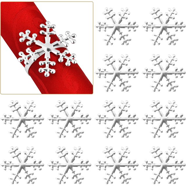 Juego de 12 anillos para servilletas de Navidad con forma de copos de nieve, color plateado, para decoración de mesa, para fiestas, banquetes, Navidad, Acción de Gracias, Año Nuevo