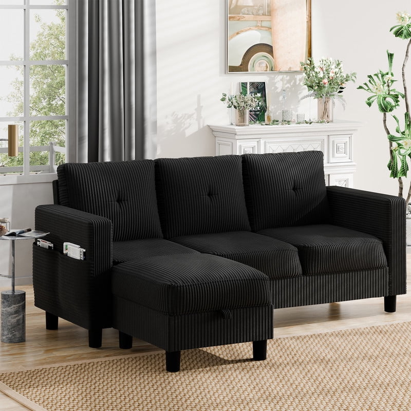 Walsunny 76.4" Convertible Sectional Sofa, L Shaped Sectional Sofa with Side Pocket, 3 Seat Sofa Couch with Storage Ottoman for Small Living Room, Apartment, Bedroom, Black