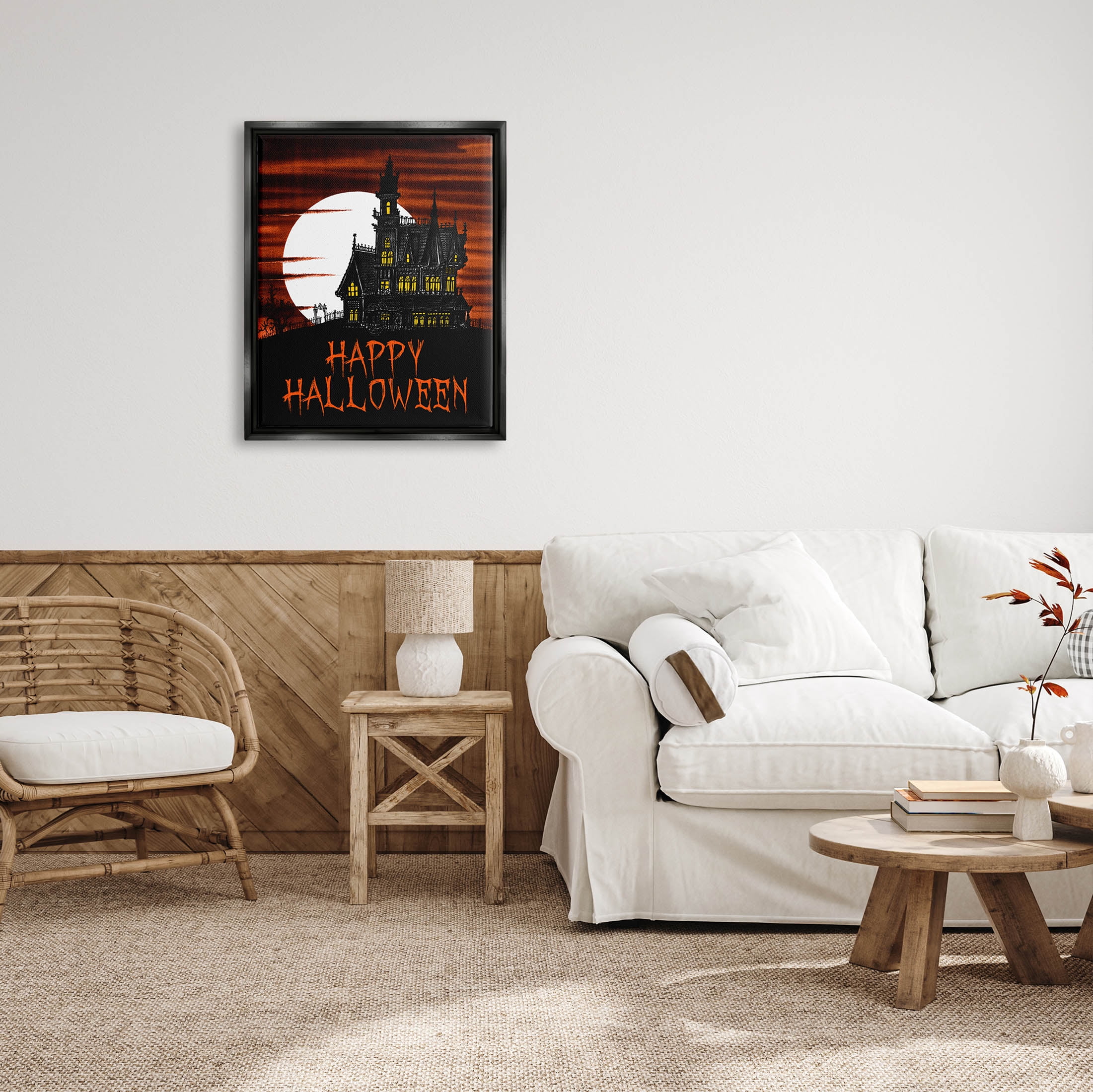 Stupell Industries Happy Halloween Haunted House Graphic Art Jet Black Floating Framed Canvas Print Wall Art, Design by The Saturday Evening Post