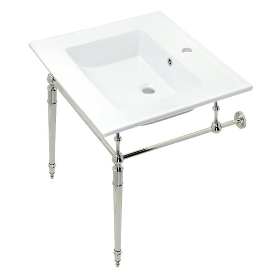 Kingston Brass KVPB252271PN Edwardian 25" Ceramic Console Sink with Brass Legs (1-Hole), White/Polished Nickel