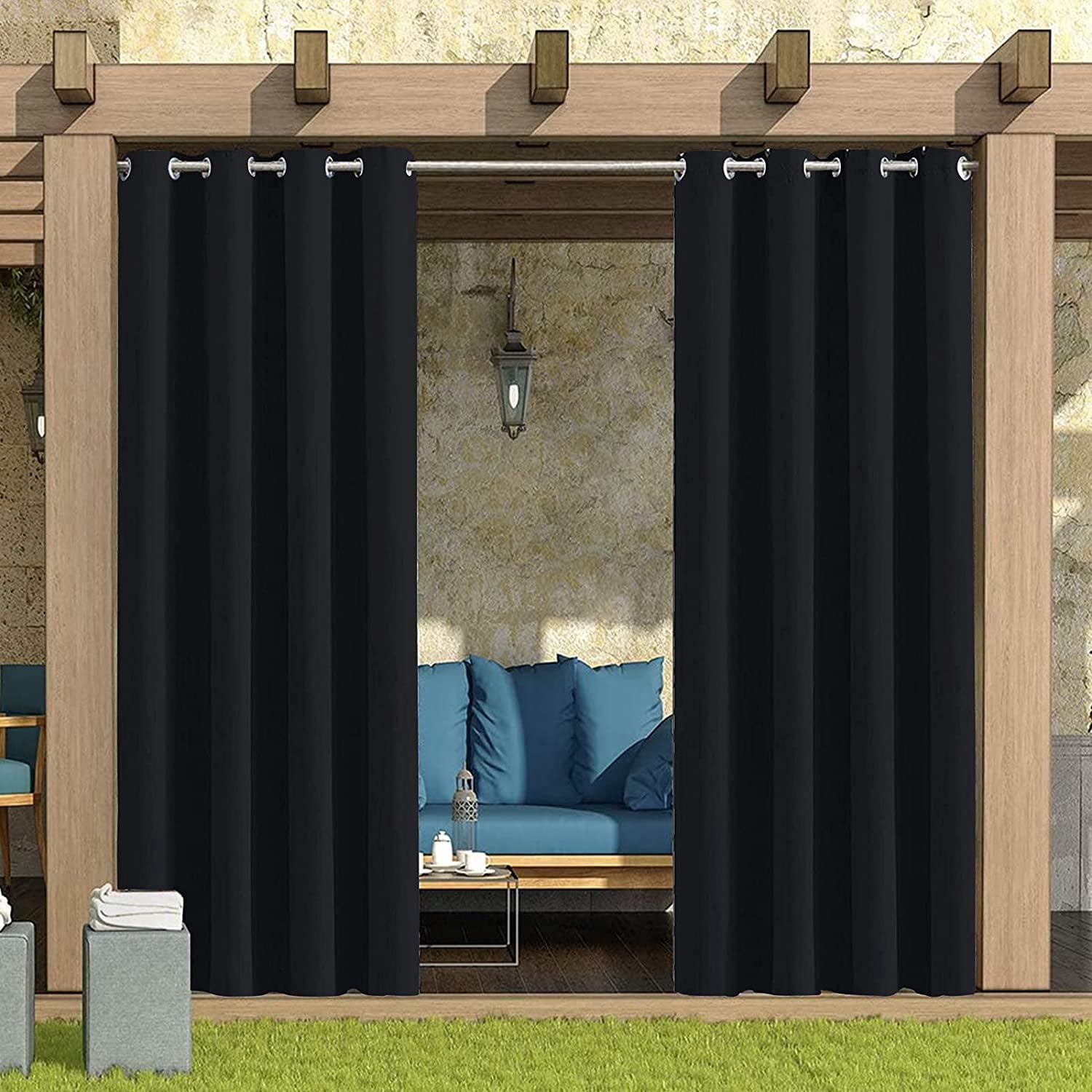 (4 Panel) Gazebo Patio Outdoor Curtains -Waterproof Garden Blackout Thermal Insulated Sun Shades Grommet Privacy Curtain for Pergola Porch, Black, W52 x L108 in