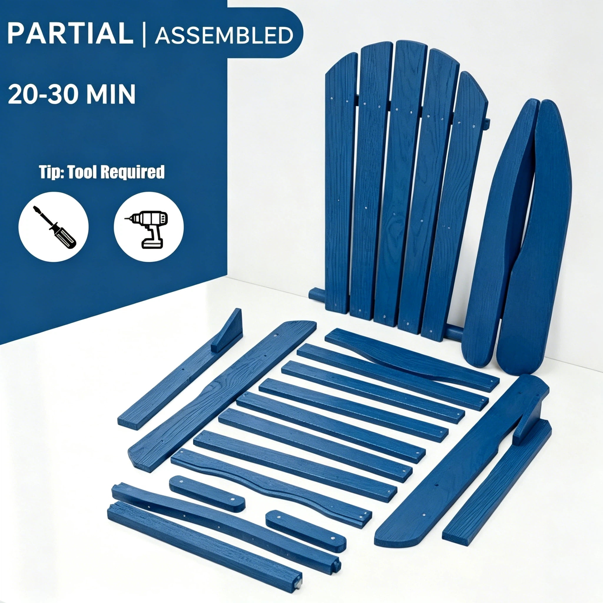AISWORD Outdoor Folding Embossed Adirondack Chair, Pre-Assembled BackRest Wood Lounge Chair, Navy