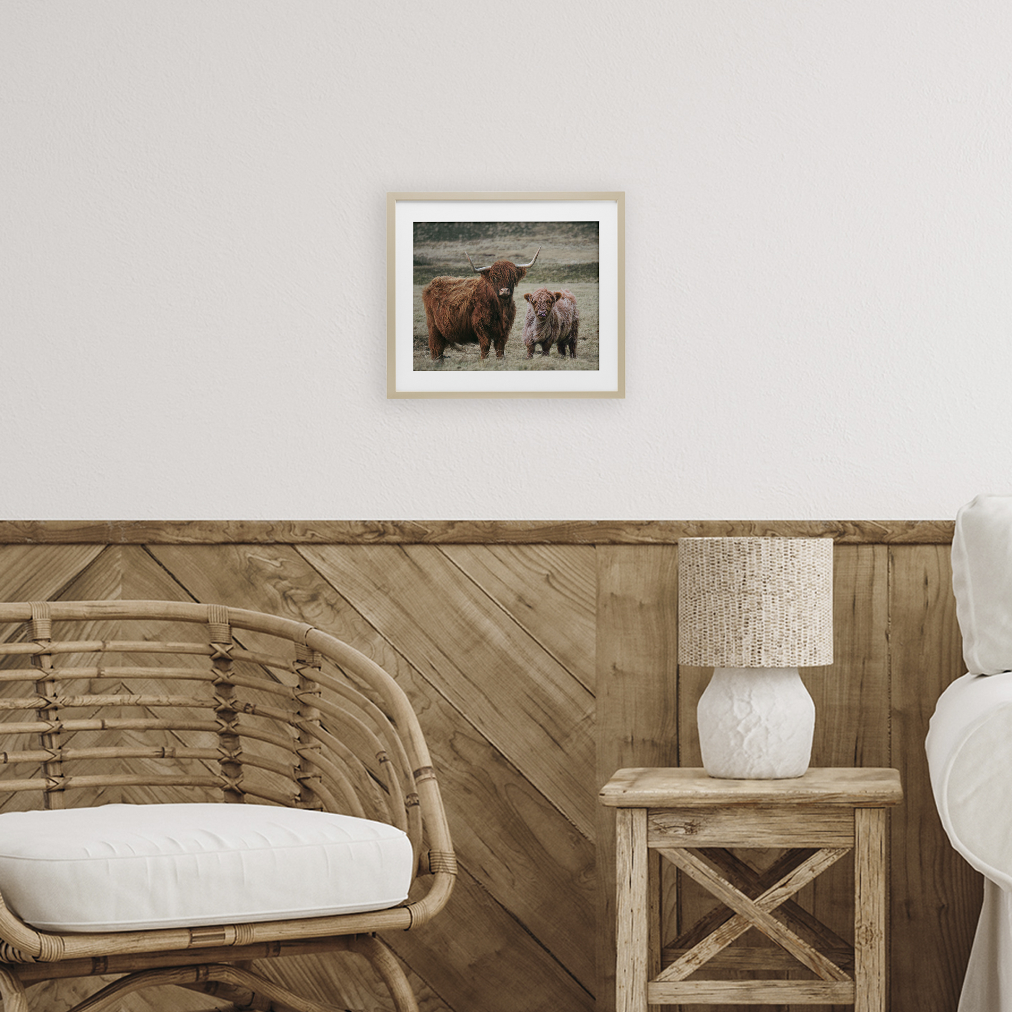 Mom & Baby Cow Birch Framed Print Under Glass, design by Lettered and Lined