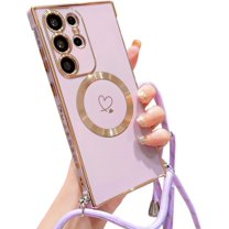 case for Samsung Galaxy S23 Ultra Case Compatible with Magsafe S23 Ultra Phone Case for Women Cute Heart Removable Adjustable Shoulder Strap Lanyard Crossbody Galaxy S23 Ultra Case 6.8” (Light Purple)