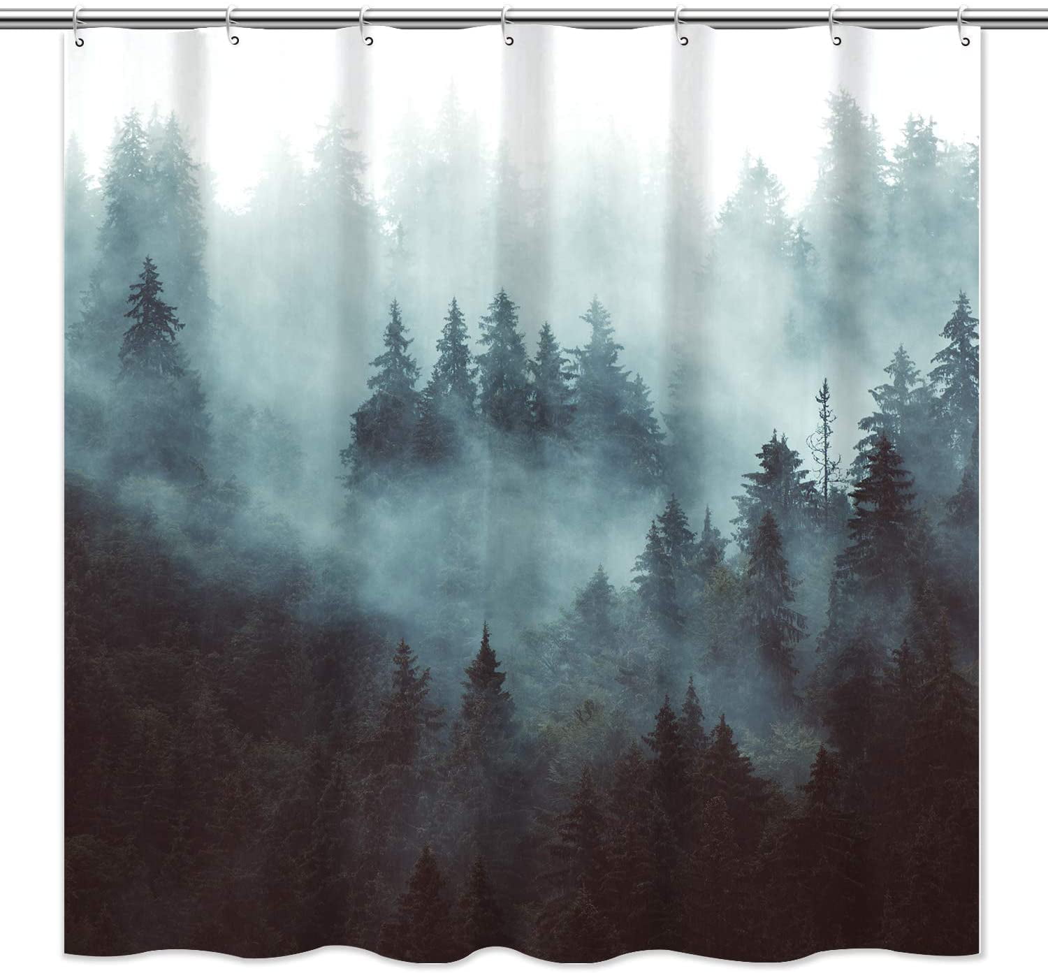 Rustic Mountain Tree Shower Curtain Set, Smokey Mist Forest National Scenery Polyester Waterproof Cloth Bathroom Curtain with 12 Hooks, 72x72 Inches