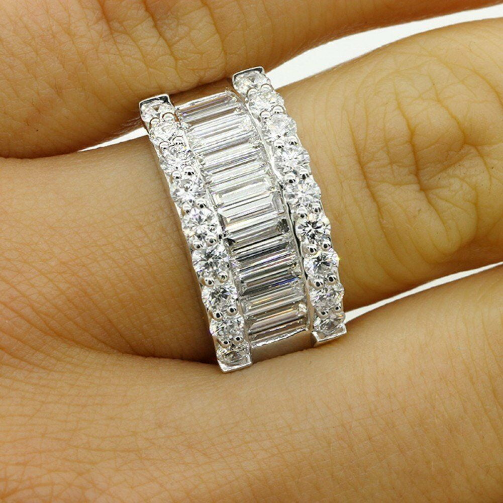 HeartsAndYou 3ct Baguette Cut Moissanite Cluster Cocktail Engagement Ring for Women 18k White Gold over Silver