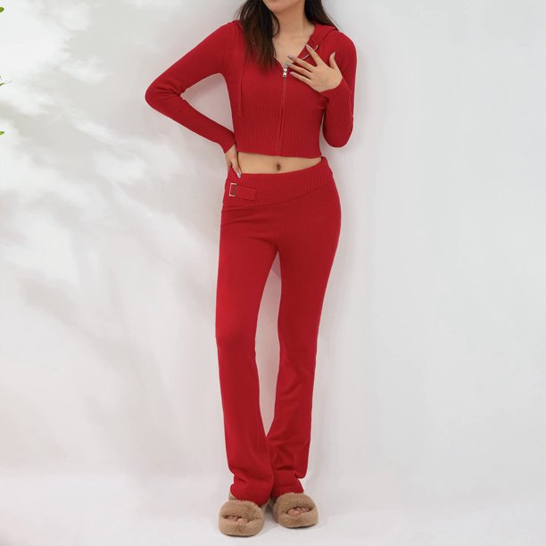 Pantalones Estilo deportivo Cárdigan Sudadera con capucha Top Pantalones Casual Mujer Traje de vacaciones asimétrico Ygjytge Rojo T L para Mujer