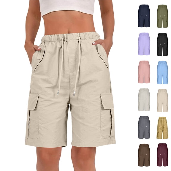 Vivianyo HD Women's Quick Dry Drawstring Cargo Bermuda Shorts, Summer Multi Pocket Outdoor Shorts for Women, High Waisted Knee Length Bottoms for Hiking and Daily Outings, Sizes S-2XL