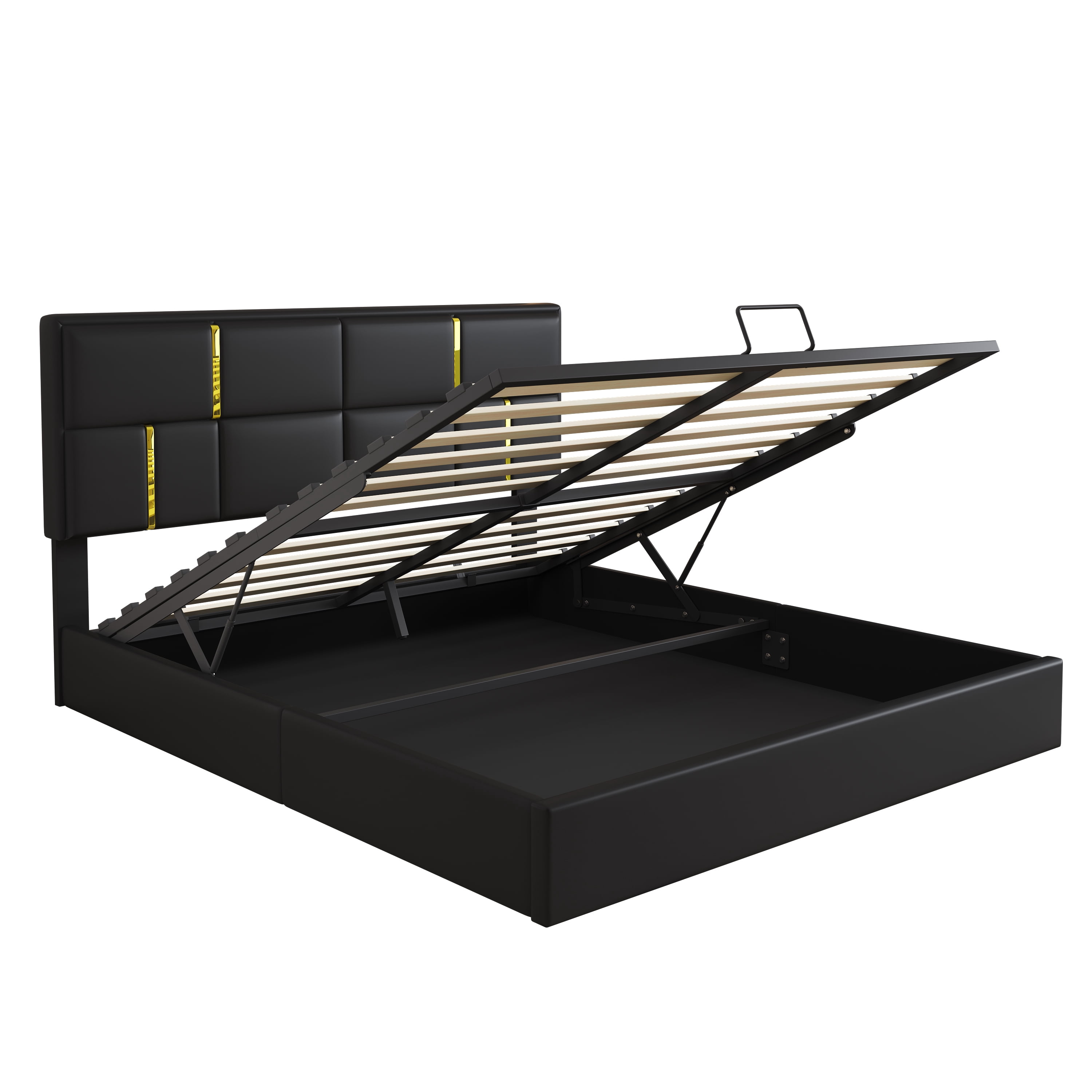 Mintazer 2 Pieces Bedroom Set, Queen Size Upholstered Platform Bed with Hydraulic Storage & Matching Storage Ottoman, Modern Tufted Bed Frame with Gold Accents for Bedroom, Black