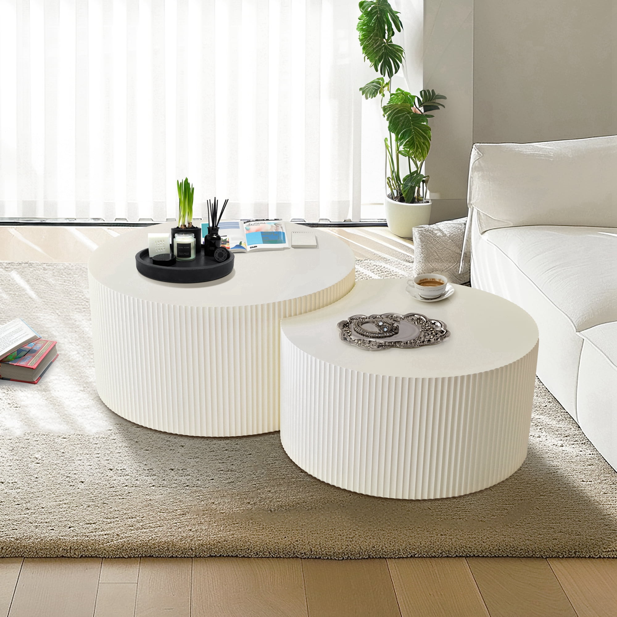 Dasun Nesting Coffee Table Set of 2, Drum Coffee Table, End Table, Round Side Table for Living Room, Bedroom, Beige