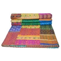 Indian Handmade Kantha Quilt Patola Silk Multi Patchwork Cotton Bedspread Vintage Bedsheet Bedding Throw assorted patches and design double size