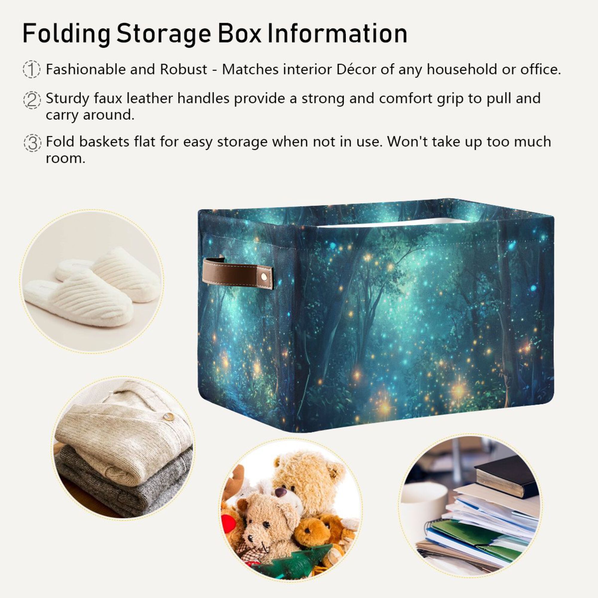 Yayeee Canvas Storage Basket with Handles for Shelves Fabric Bins Closet Organizer, Magical Forest Glowing Lights