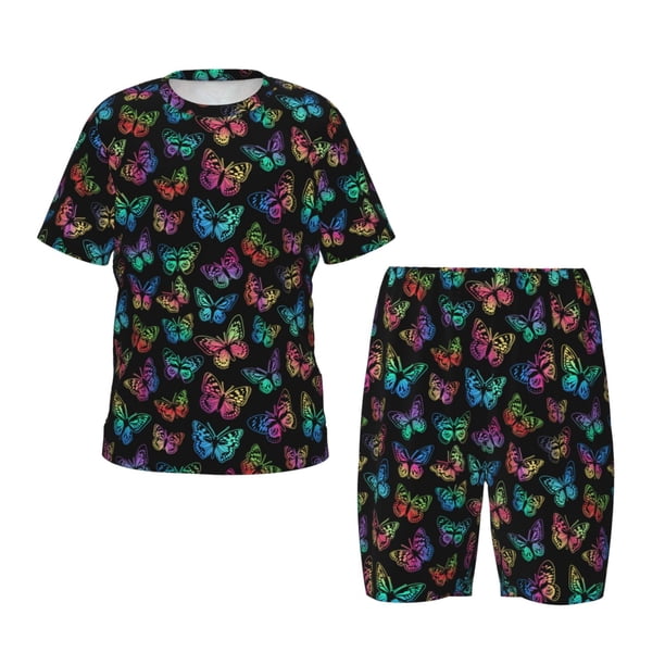 Balery Multicolored Butterflies Conjunto de Pijama Infantil de Manga Corta con Estampado – Ropa de Dormir de Algodón Suave-Small