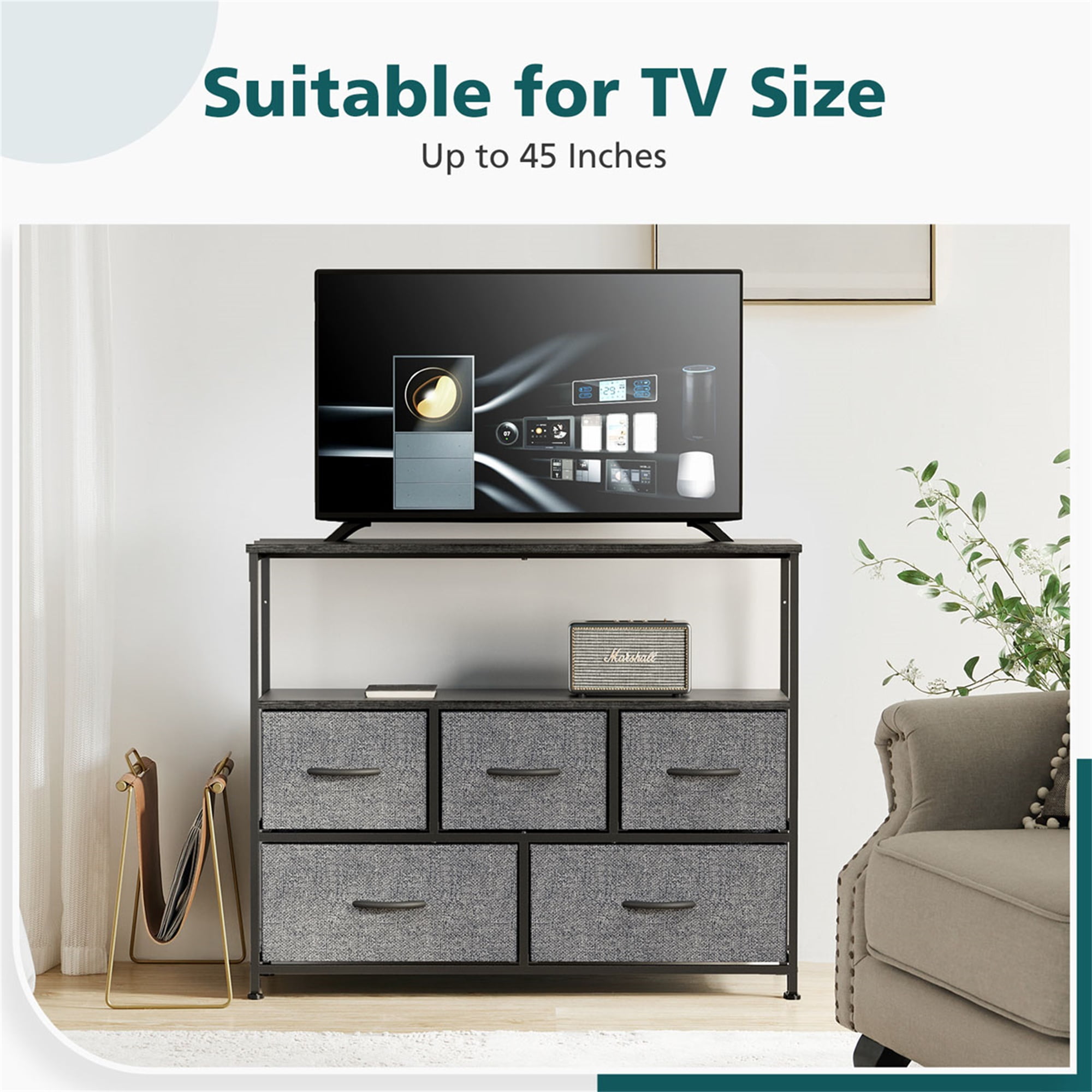 Kadyn Chest of Drawers ,TV Stand for Bedroom with Drawers,Entertainment Center with Open Display Metal Shelf 5 Fabric Storage Dresser ,Gray Kadyn Chest of Drawers ,TV Stand for Bedroom with Drawers,Entertainment Center with Open Display Metal Shelf 5 Fabric Storage Dresser ,Gray