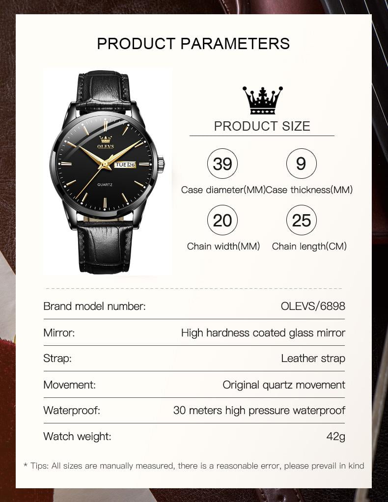OLEVS Mens Watches,Black Leather Watch for Men,Black Analog Quartz Fashion Business Dress Watch Luminous Waterproof Casual Male Wrist Watches Reloj para Hombre