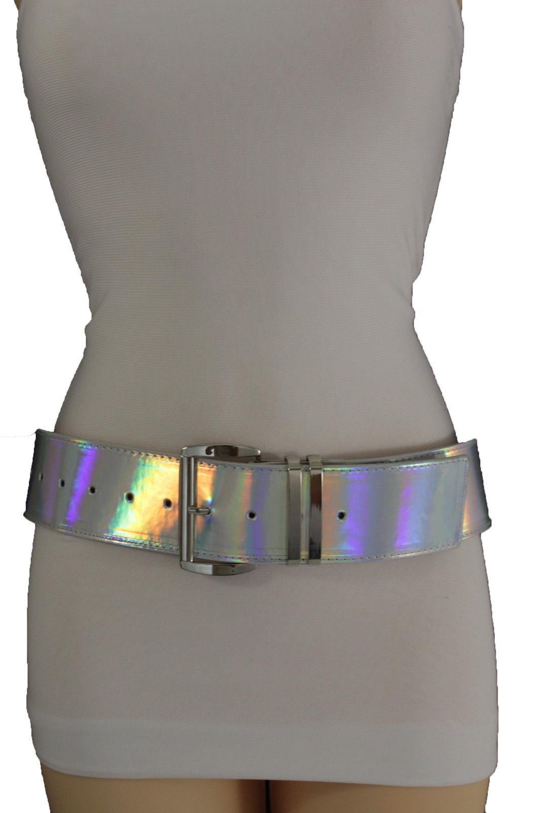 Women Popular Belt Green Faux Leather Silver Metal Buckle Studs Size S M L XL 