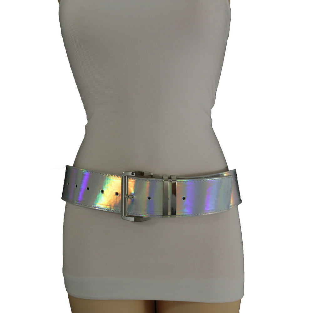 Alwaystyle4You Women Fashion Belt Hip Waist Shiny Silver Faux Leather