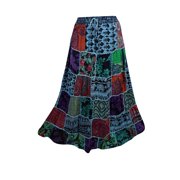 Mogul Womens Patchwork Skirt Blue Printed Bohemian Ethnic Festival Maxi Skirts