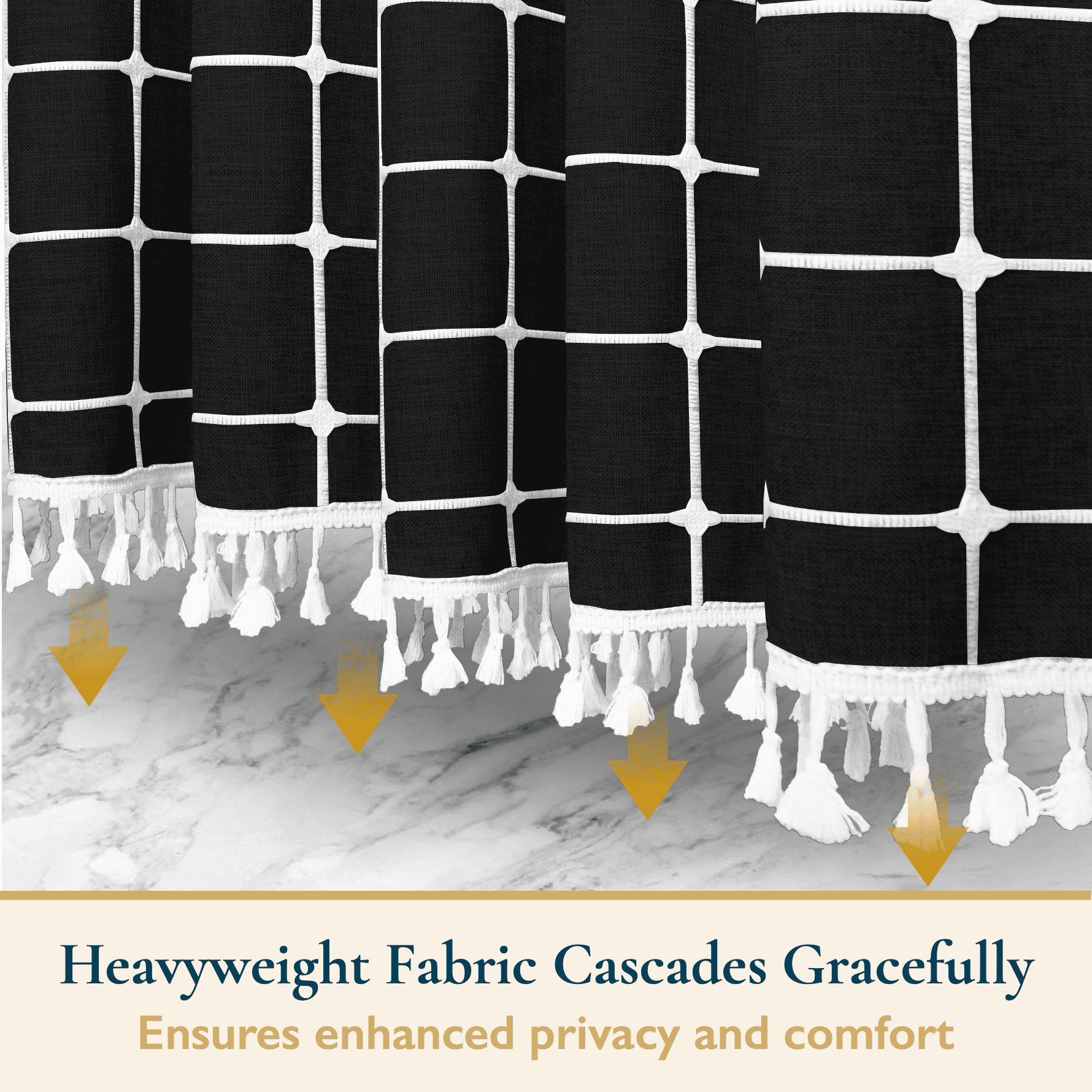 ComfiTime Tassel Shower Curtain Set with Hooks – 330 GSM Heavy-Duty Fabric Cloth, Boho Farmhouse Bathroom Curtain, Embroidered Hotel Luxury Linen, Water-Repellent, Machine-Washable, 72” x 72”, Black
