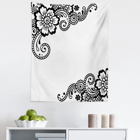 East Tapestry, Floral Corner Ornaments with Swirls and Blossoms Monochrome Folkloric Inspirations, Fabric Wall Hanging Decor for Bedroom Living Room Dorm, 5 Sizes, White Black, by Ambesonne