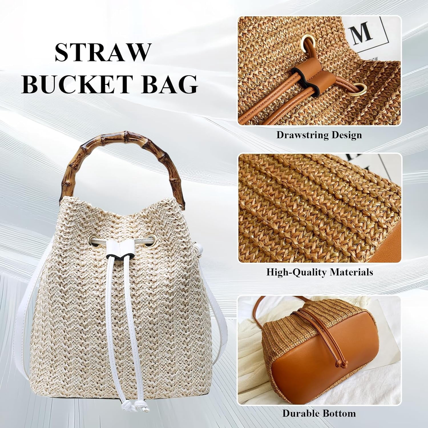 Straw Purse for Women, Summer Straw Bucket Bag Trendy Hobo Bag Straw Shoulder Crossbody Handbags with Bamboo Handle