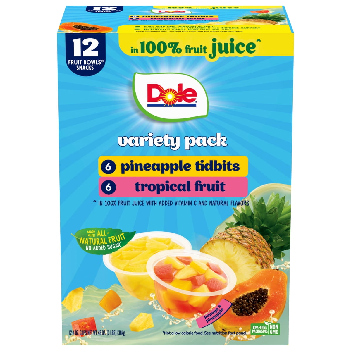 (3 pack) Dole Fruit Bowls Tropical Fruit and Pineapple Tidbits in 100% Fruit Juice, 4 oz Cups (12 Pack)