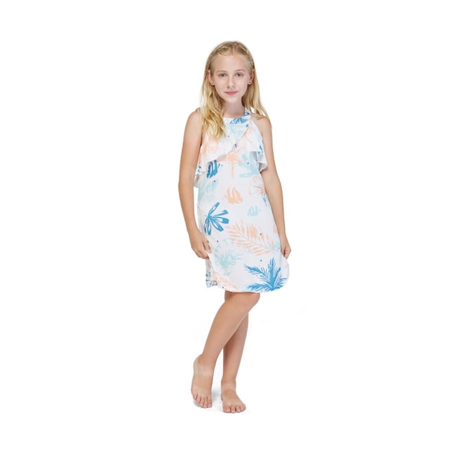Robe Hawaïenne à Col Rond avec Volants pour Fille au Coucher du Soleil Néon