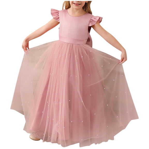 QNANSPI Girls Princess Birthday Party Dresses, Holiday Formal Dress for Girls, Big Girls Ruffle Sleeve Round Neck Solid Mesh Full Skirt Fancy Hosting Evening Show Formal Princess Dress for 3-14Y