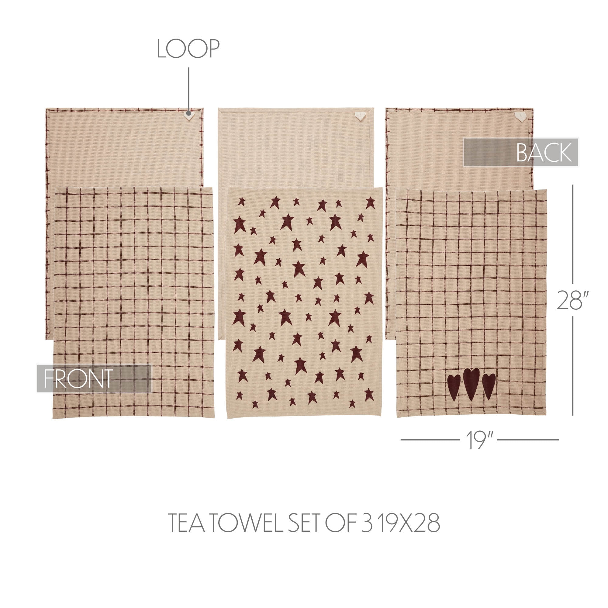VHC Brands Cotton Kitchen Towel Set of 3, Printed, Tea Towel, Dish Towels, Connell Collection, Rectangle 28x19, Burgundy