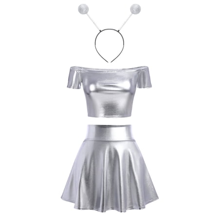 Women s 3Piece Metallic Outfit Shiny Crop Top + Silver Flared Skirt + Alien Headband Halloween Costume Clubwear Musical Festival Rave Outfit XXL Silver - Off Shoulder