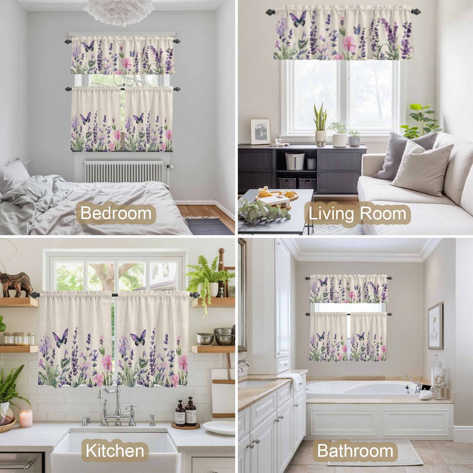 Purple Lavender Butterfly Kitchen Curtains Valances 3 Piece Set, Spring Purple Floral Flower Linen Texture Rod Pocket Tier Curtain and Valance Drapes for Small Window 24 Inch Length for Bedroom Cafe
