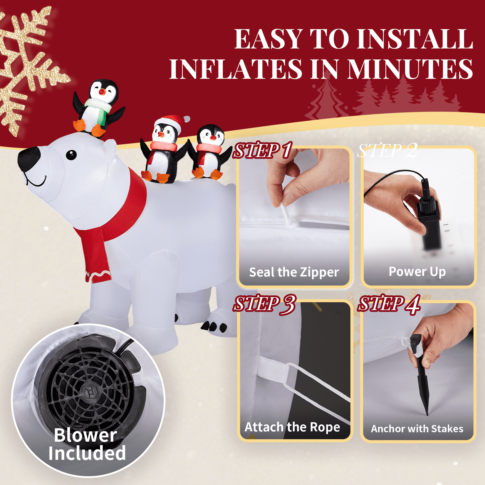 Astoutdoor 5 ft Lighted Christmas Inflatable Decoration, Polar Bear and Penguins Blow Up Yard Decor with Built-in LED Lights