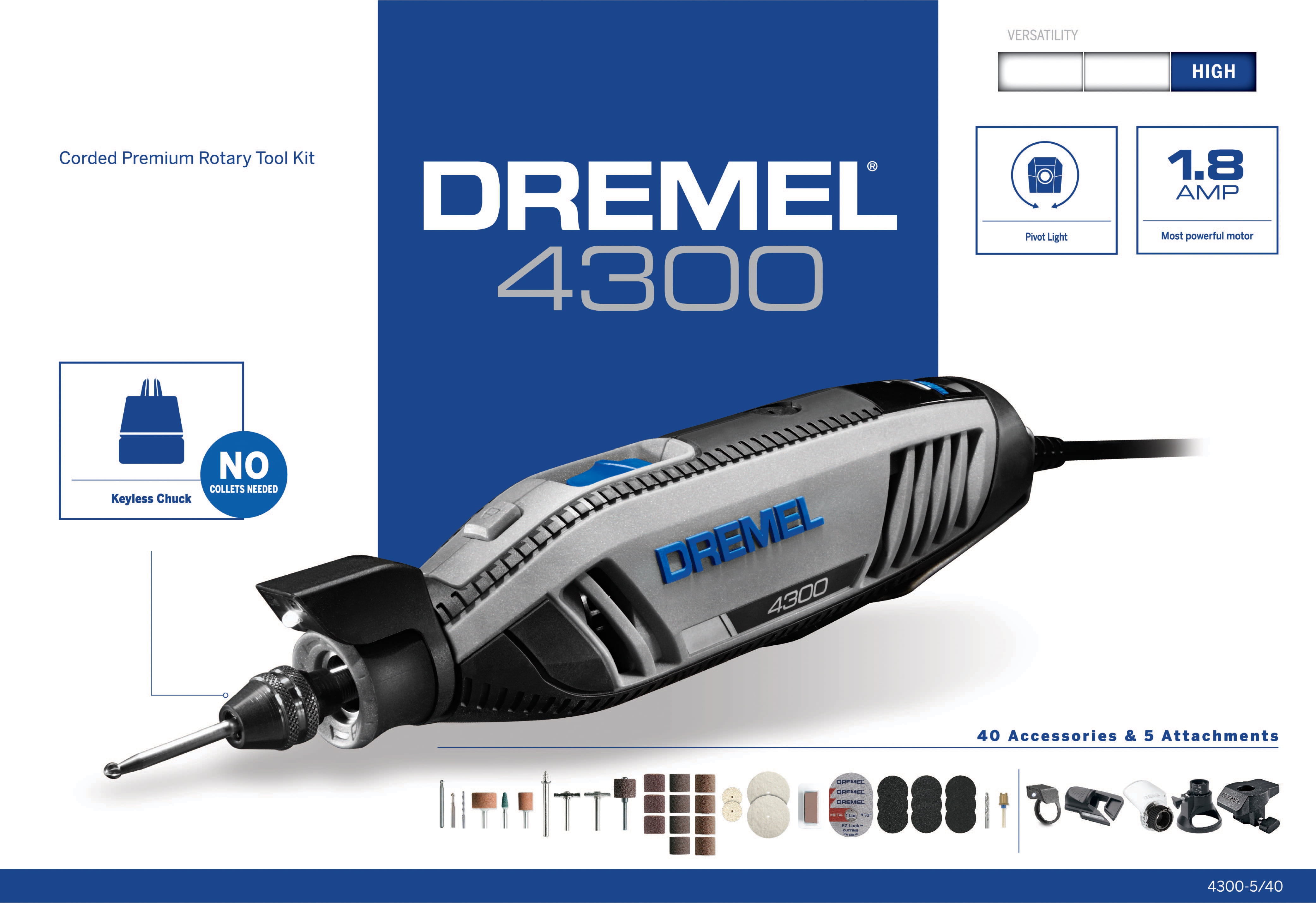 Shop Dremel 4300 Corded Variable Speed Rotary Tool with 5 Attachments and  40 Accessories + 160-Piece Accessory Kit at