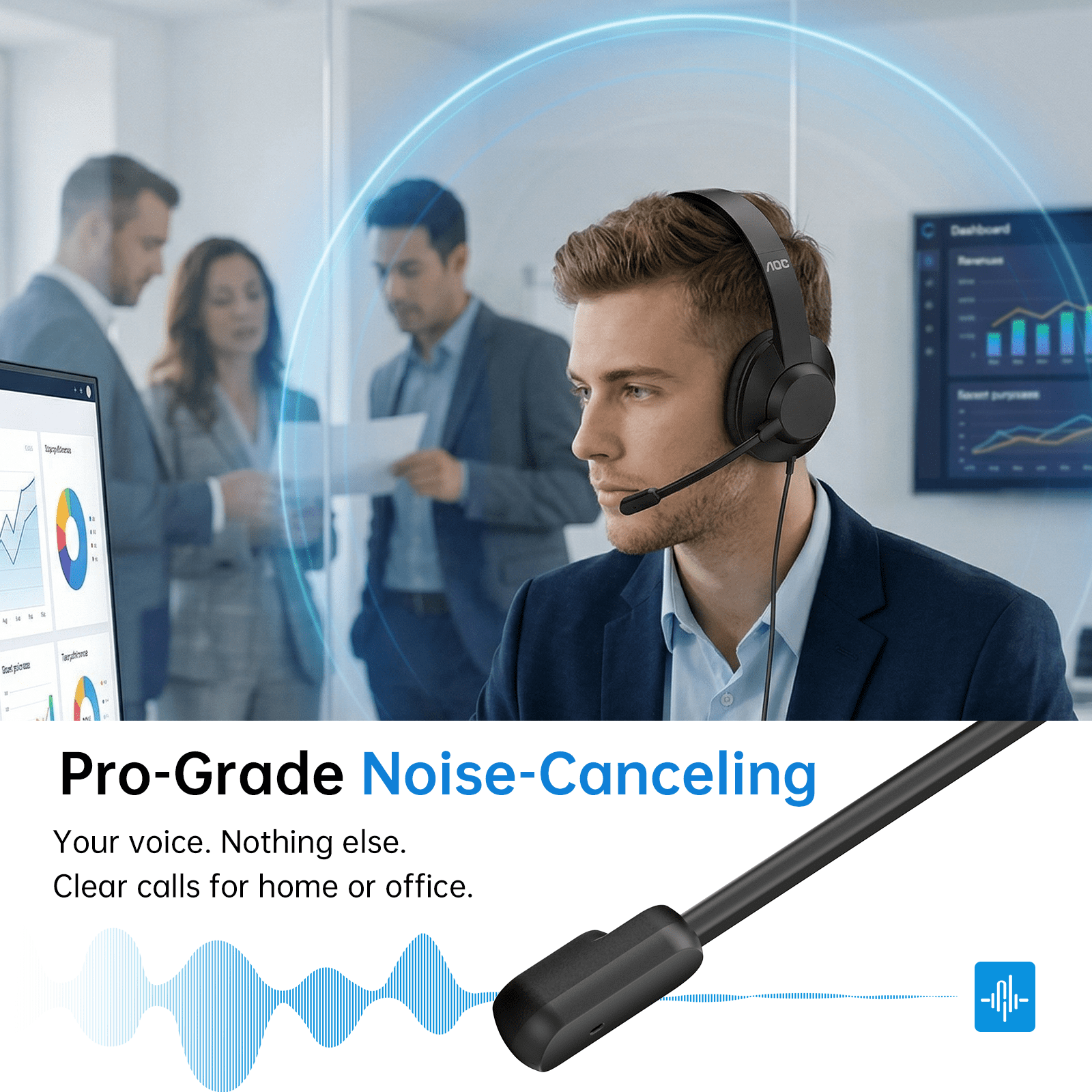 AOC USB Headset with Noise Cancelling Microphone for Work, Lightweight Wired Headphones, Noise-Cancelling Boom, 40mm Audio Drivers, USB-A/C for PC,Mac,Office,Call Centers,Online Meetings