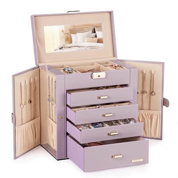 Joyero Home de piel sintética con espejo y candado (gris morado)