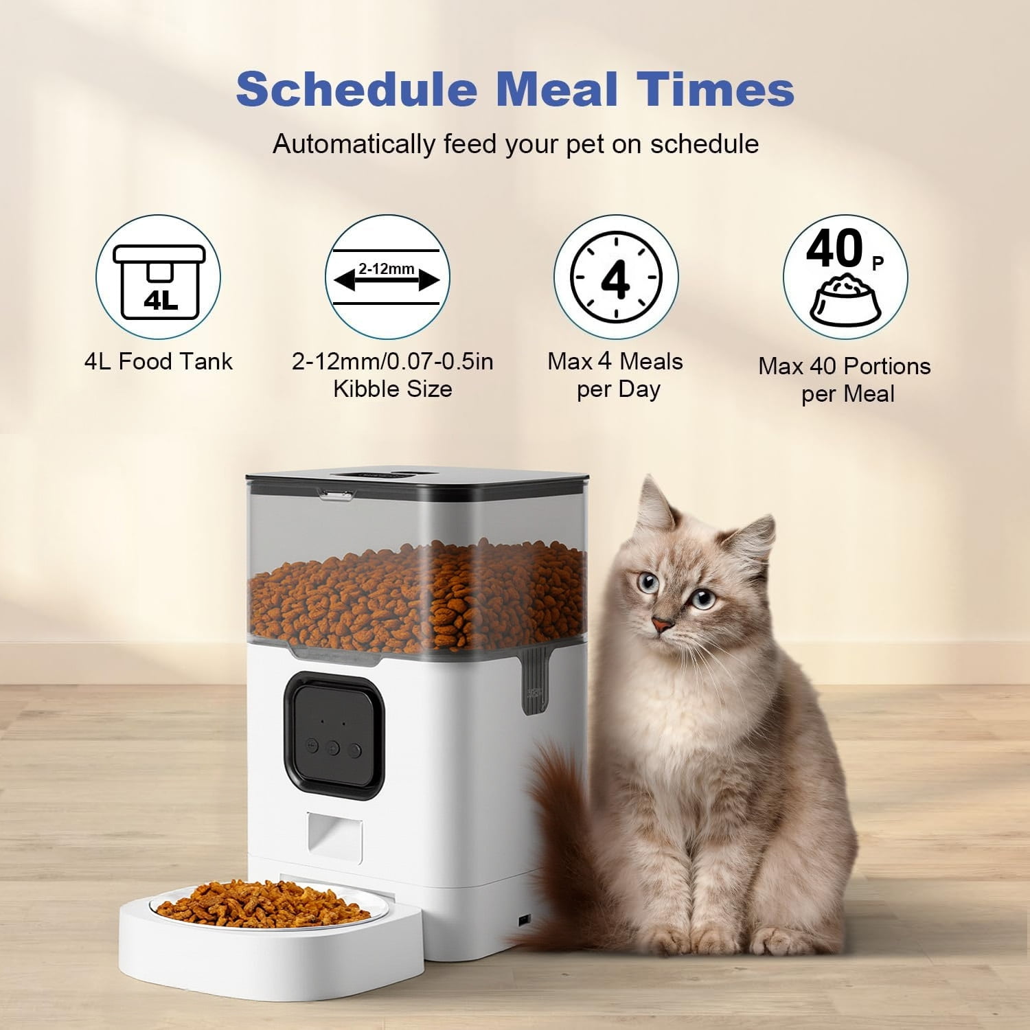 BN-LINK Automatic Cat Feeder 4L WIFI, 2.4G WiFi Timed Pet Feeder Cat Food Dispenser, 4L Automatic Cat Food Dispenser for Small Pets Indoor, White