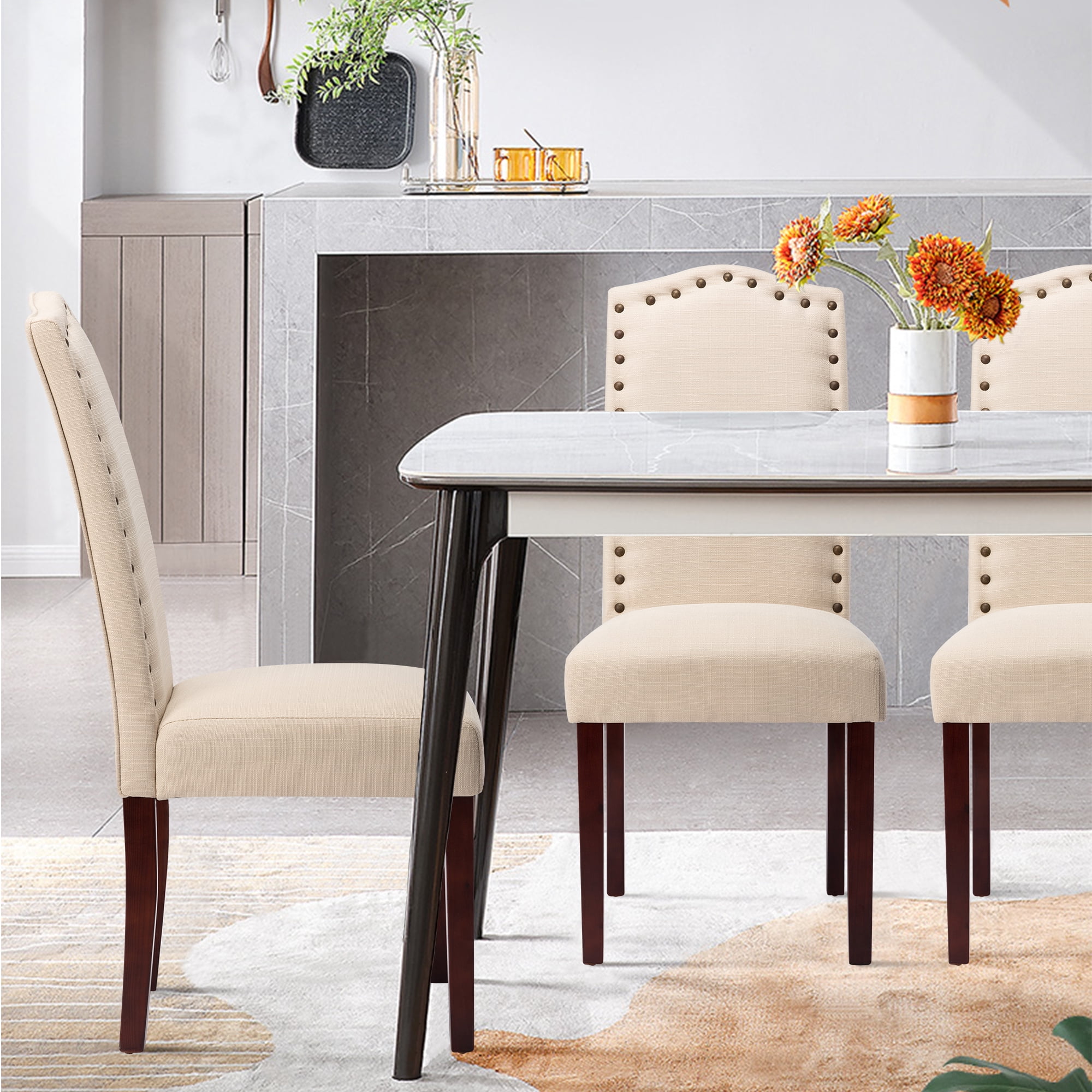 High Back Fabric Upholstered Dining Chairs with Nailhead Trim, Beige ...
