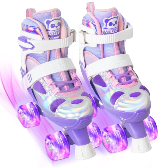 Yumhome Kids Roller Skates for Girls Boys, 4 Size Adjustable Purple Panda Quad Skates with All Light up Wheels, Beginner Roller Skates - Birthday Gift for Outdoor Indoor