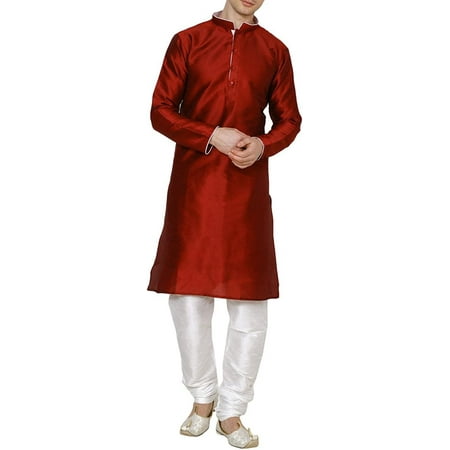 

Royal Kurta Men s Dupion Silk Contrast Piping Kurta Churidar Red